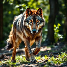 A stunning, raw photograph of a majestic wolf in a natural forest setting