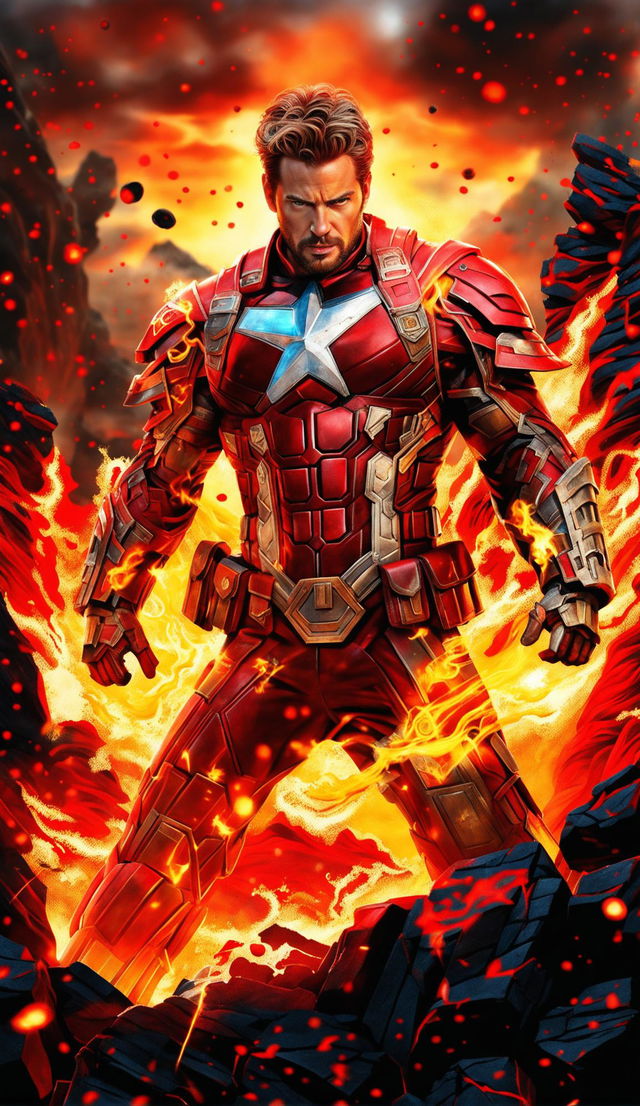 A high-resolution digital artwork featuring Chris Evans in red ancient Chinese armor, throwing fire from his hands, surrounded by a sea of molten lava and erupting volcanoes