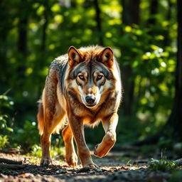 A stunning, raw photograph of a majestic wolf in a natural forest setting