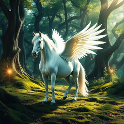 A majestic white horse with large, beautiful wings stands gracefully in a mystical forest