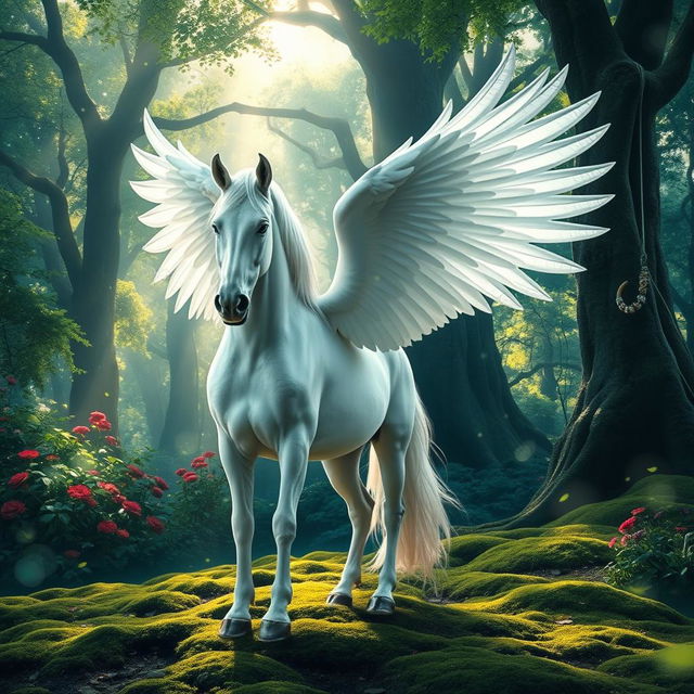 A majestic white horse with large, beautiful wings stands gracefully in a mystical forest