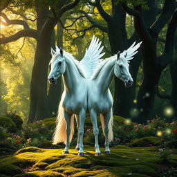 A majestic white horse with large, beautiful wings stands gracefully in a mystical forest