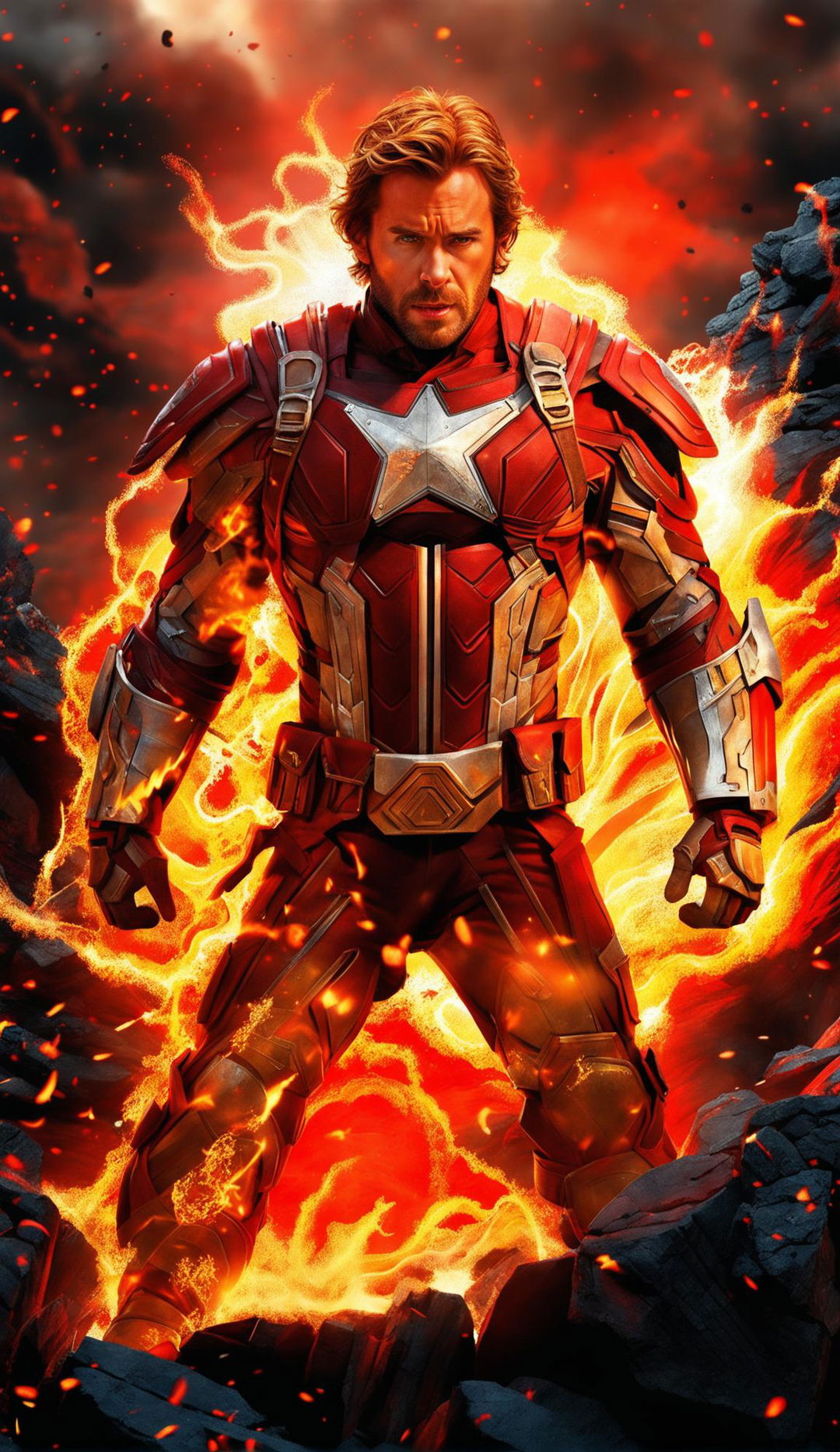 A high-resolution digital artwork featuring Chris Evans in red ancient armor, throwing fire from his hands, surrounded by a sea of molten lava and erupting volcanoes