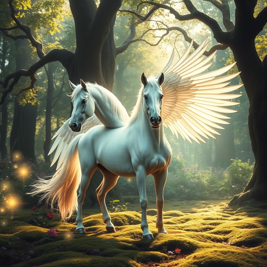 A majestic white horse with large, beautiful wings stands gracefully in a mystical forest