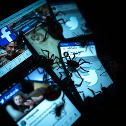 A hyper-realistic image showcasing various social media pages like Facebook, Instagram, and Twitter, enveloped in a dark and moody atmosphere
