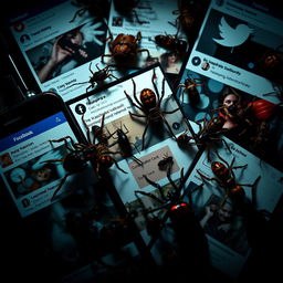 A hyper-realistic image showcasing various social media pages like Facebook, Instagram, and Twitter, enveloped in a dark and moody atmosphere