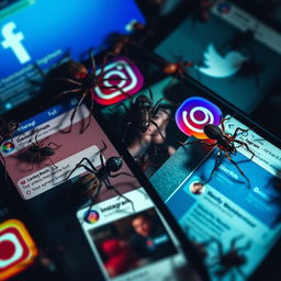 A hyper-realistic image showcasing various social media pages like Facebook, Instagram, and Twitter, enveloped in a dark and moody atmosphere