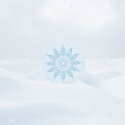 A stunning mandala art piece set in a serene white snow world, featuring intricate geometric patterns swirling in various sizes
