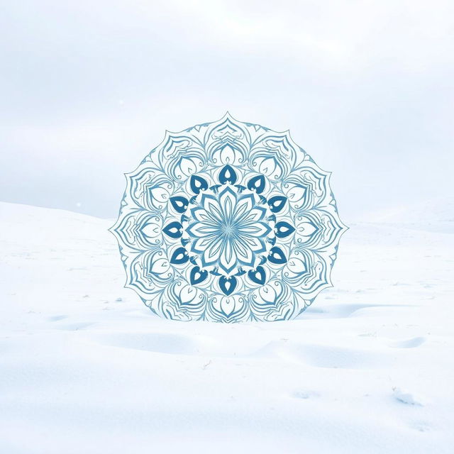 A stunning mandala art piece set in a serene white snow world, featuring intricate geometric patterns swirling in various sizes