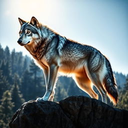 A stunningly majestic wolf standing proudly atop a rocky outcrop with a lush forest in the background under a clear blue sky