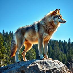 A stunningly majestic wolf standing proudly atop a rocky outcrop with a lush forest in the background under a clear blue sky