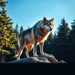 A stunningly majestic wolf standing proudly atop a rocky outcrop with a lush forest in the background under a clear blue sky