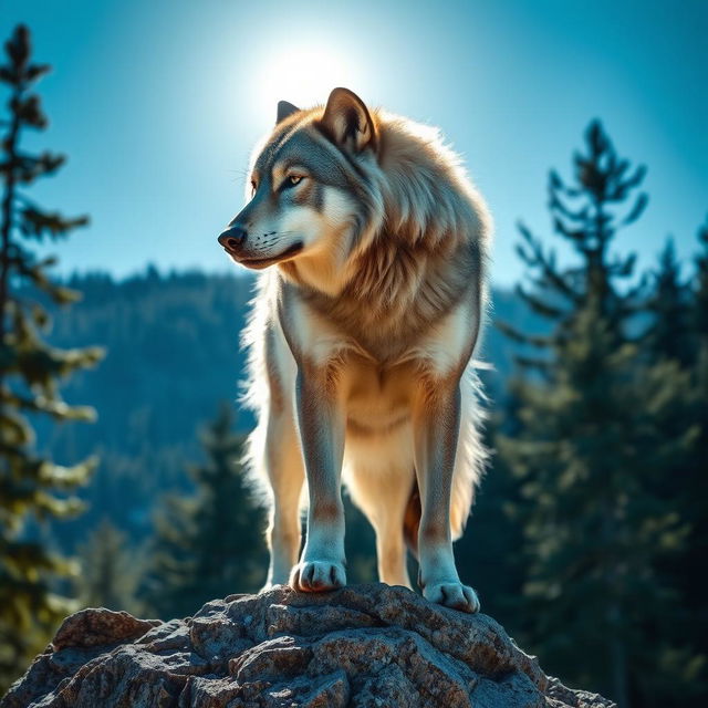 A stunningly majestic wolf standing proudly atop a rocky outcrop with a lush forest in the background under a clear blue sky