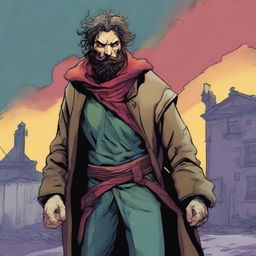 A comic-style digital art illustration presents a scruffy homeless vagrant fighter from an eldritch fantasy DnD setting