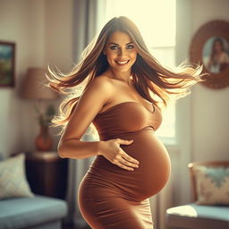 A stunningly beautiful pregnant woman with an elegant and confident posture, showcasing her baby bump