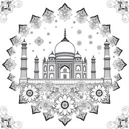 A detailed mandala art piece featuring the iconic Taj Mahal in black and white