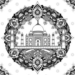 A detailed mandala art piece featuring the iconic Taj Mahal in black and white