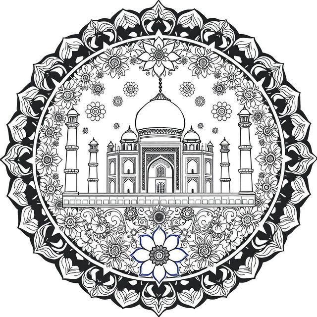 A detailed mandala art piece featuring the iconic Taj Mahal in black and white