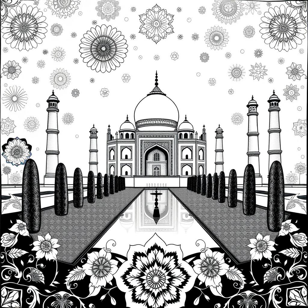 A detailed mandala art piece featuring the iconic Taj Mahal in black and white