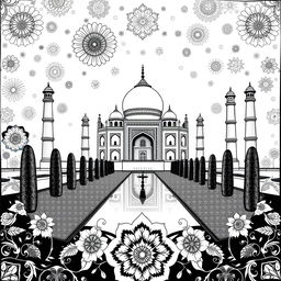 A detailed mandala art piece featuring the iconic Taj Mahal in black and white