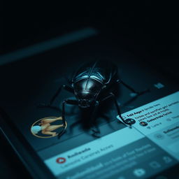 A hyper-realistic image featuring a single, ominous-looking bug, such as a large beetle or spider, prominently displayed on a dark-themed social media page