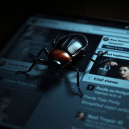 A hyper-realistic image featuring a single, ominous-looking bug, such as a large beetle or spider, prominently displayed on a dark-themed social media page