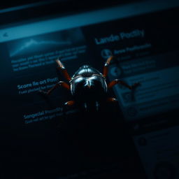 A hyper-realistic image featuring a single, ominous-looking bug, such as a large beetle or spider, prominently displayed on a dark-themed social media page