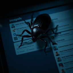 A hyper-realistic image featuring a single, ominous-looking bug, such as a large beetle or spider, prominently displayed on a dark-themed social media page