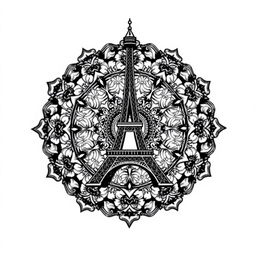 A detailed mandala art design featuring the Eiffel Tower at its center