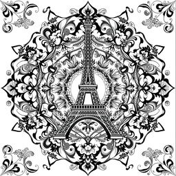 A detailed mandala art design featuring the Eiffel Tower at its center