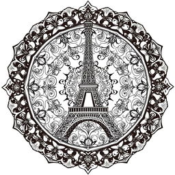A detailed mandala art design featuring the Eiffel Tower at its center