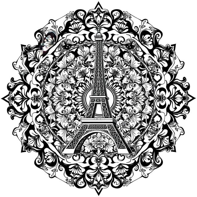 A detailed mandala art design featuring the Eiffel Tower at its center