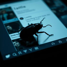 A hyper-realistic image of a single, mysterious bug, such as a large, dark beetle, prominently displayed on a dimly lit social media page interface