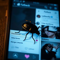 A hyper-realistic image of a single, mysterious bug, such as a large, dark beetle, prominently displayed on a dimly lit social media page interface