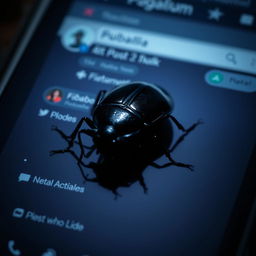 A hyper-realistic image of a single, mysterious bug, such as a large, dark beetle, prominently displayed on a dimly lit social media page interface