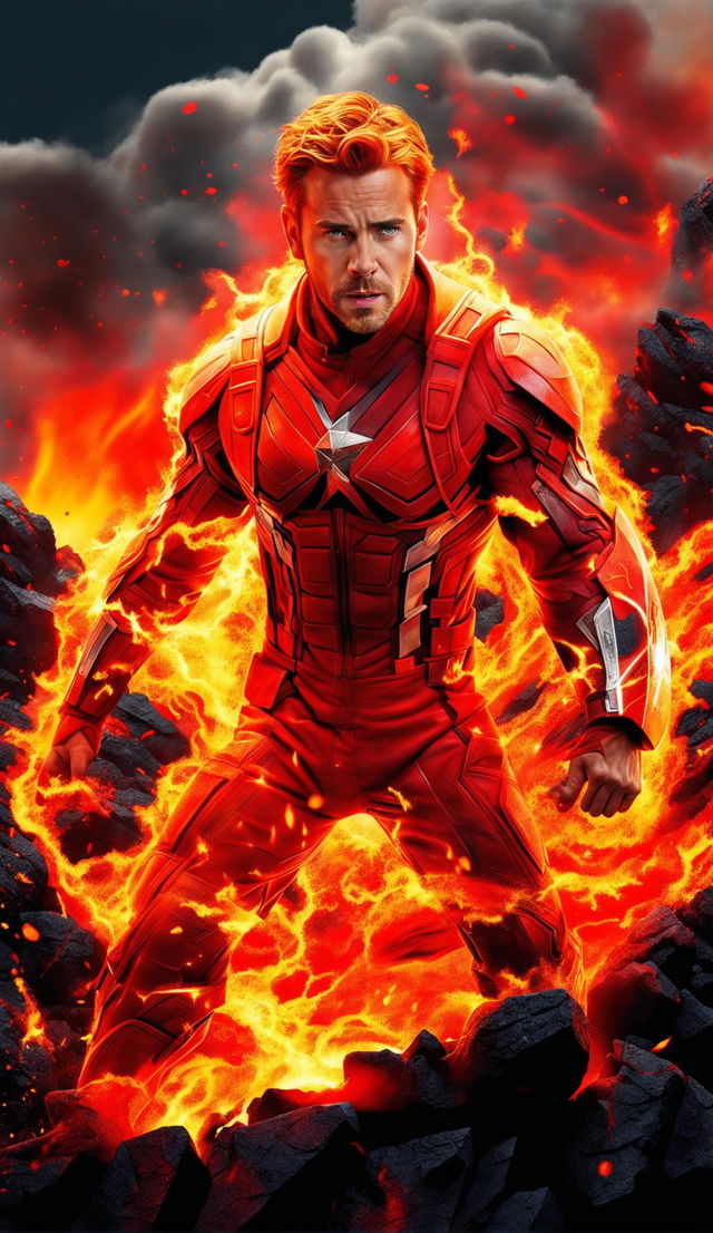 A high-quality digital artwork featuring Chris Evans in red robes, throwing fire from his hands, surrounded by a sea of molten lava and erupting volcanoes