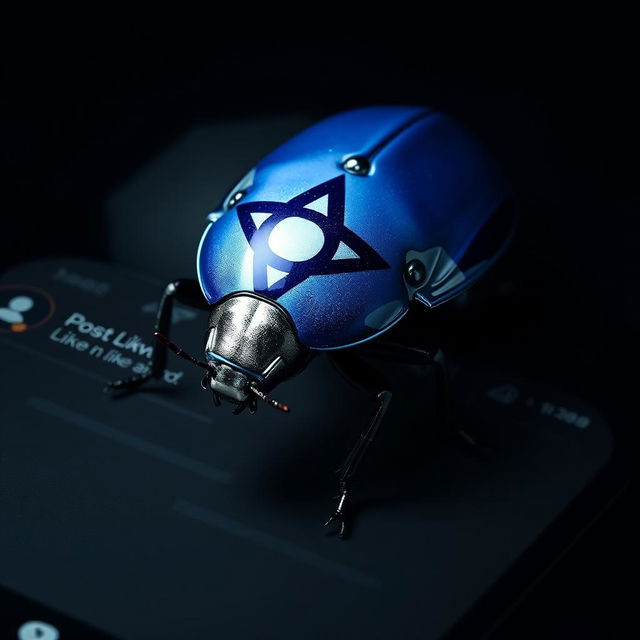 A hyper-realistic image featuring a large, detailed bug, such as a beetle, prominently displayed on a dark-themed social media page