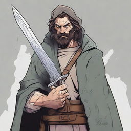 A high-quality comic illustration of a scruffy, homeless fantasy fighter from the world of DnD