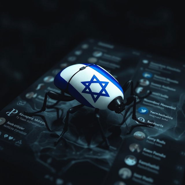 A hyper-realistic image of a digital bug, resembling a large, stylized insect, creatively designed to incorporate the Israeli flag into its structure