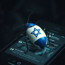 A hyper-realistic image of a digital bug, resembling a large, stylized insect, creatively designed to incorporate the Israeli flag into its structure