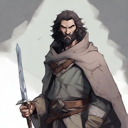 A high-quality comic illustration of a scruffy, homeless fantasy fighter from the world of DnD