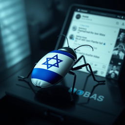 A hyper-realistic image of a digital bug, resembling a large, stylized insect, creatively designed to incorporate the Israeli flag into its structure