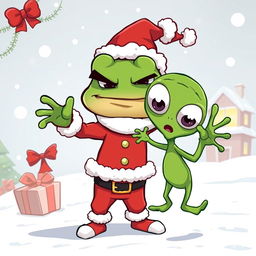 A cartoonish illustration of a character resembling Pepe the Frog dressed as Santa Claus, complete with a red and white Santa suit, fluffy hat, and black belt