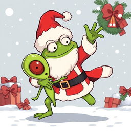 A cartoonish illustration of a character resembling Pepe the Frog dressed as Santa Claus, complete with a red and white Santa suit, fluffy hat, and black belt