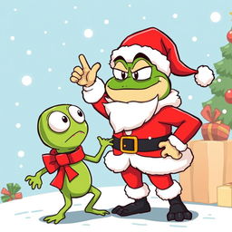 A cartoonish illustration of a character resembling Pepe the Frog dressed as Santa Claus, complete with a red and white Santa suit, fluffy hat, and black belt