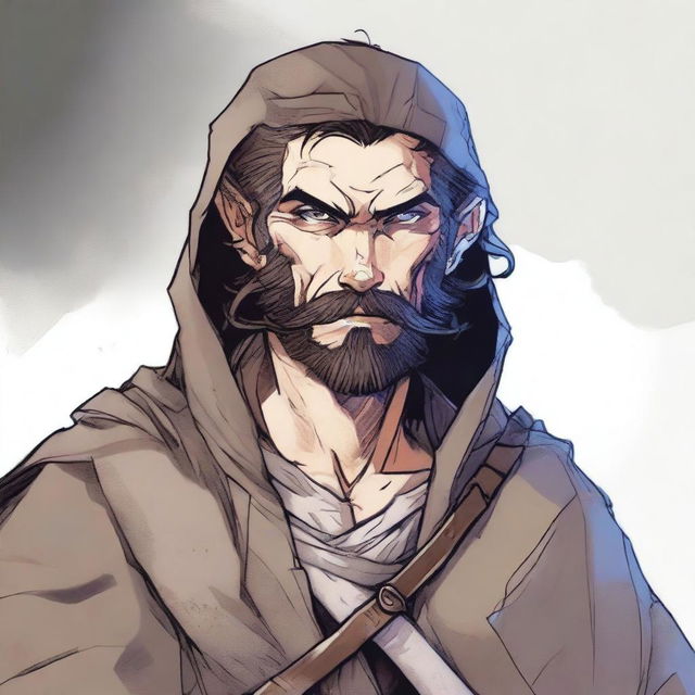 A high-quality comic illustration of a scruffy, homeless fantasy fighter from the world of DnD