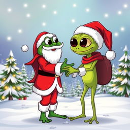 A vector style illustration featuring the iconic character Pepe the Frog dressed as Santa Claus, complete with a red suit, white beard, and a Santa hat