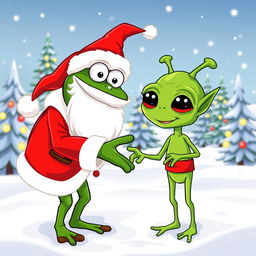 A vector style illustration featuring the iconic character Pepe the Frog dressed as Santa Claus, complete with a red suit, white beard, and a Santa hat
