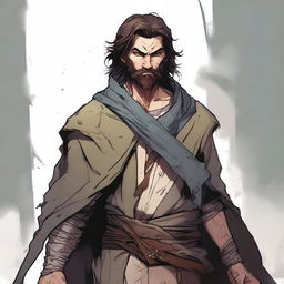 A high-quality comic illustration of a scruffy, homeless fantasy fighter from the world of DnD