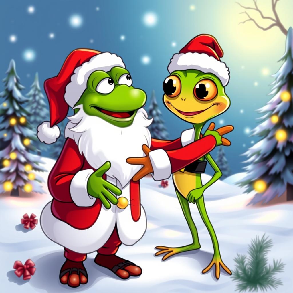 A vector style illustration featuring the iconic character Pepe the Frog dressed as Santa Claus, complete with a red suit, white beard, and a Santa hat